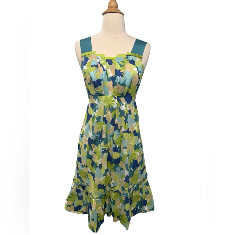 Anthropologie Girls from Savoy Green Floral Poplin Ruffle Hem Sundress-size 0